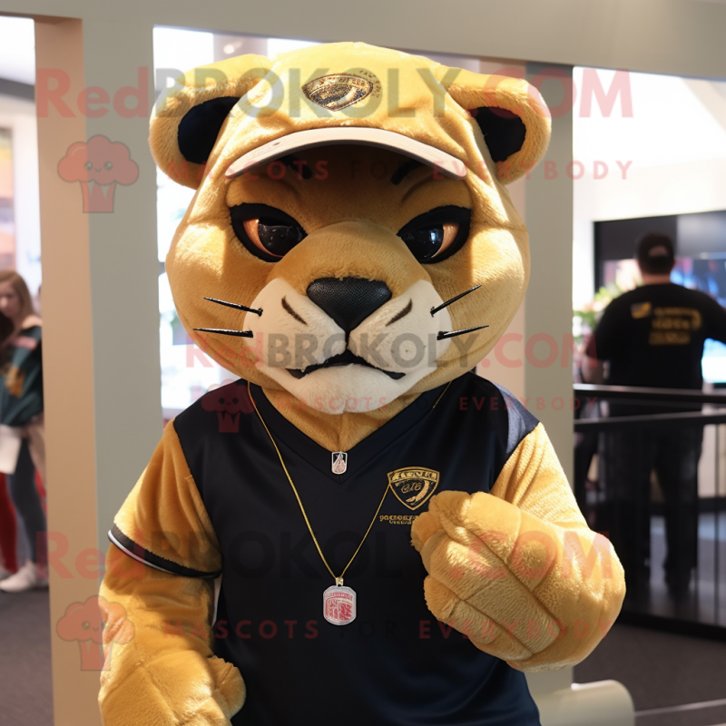 Gold Mountain Lion mascot costume character dressed with a Graphic Tee and Beanies