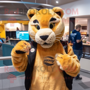 Gold Mountain Lion mascot costume character dressed with a Graphic Tee and Beanies