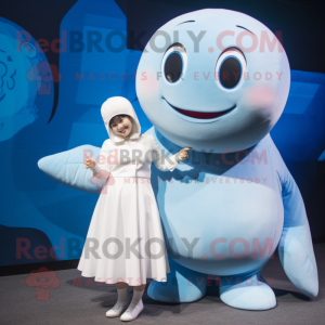 Sky Blue Beluga Whale mascot costume character dressed with a Skirt and Watches