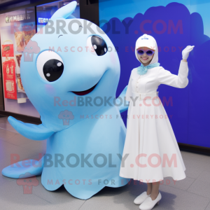 Sky Blue Beluga Whale mascot costume character dressed with a Skirt and Watches