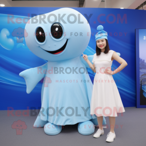 Sky Blue Beluga Whale mascot costume character dressed with a Skirt and Watches