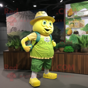 Lemon Yellow Cabbage mascot costume character dressed with a Cargo Shorts and Bracelet watches