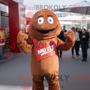 Fantasia de mascote Currywurst marrom com camiseta estampada e luvas - Mascotes Currywurst - REBROKO_207048 - RedBrokoly.com