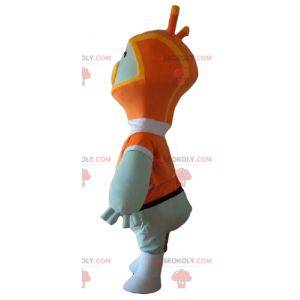 White penguin bird mascot with an orange hood - Redbrokoly.com