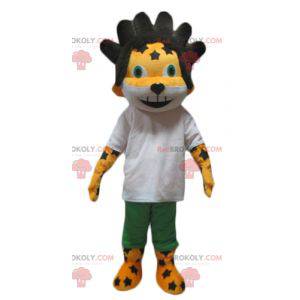 Yellow and white lion cub mascot with black hair -