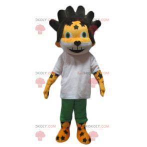 Mascotte cucciolo di leone giallo e bianco con i capelli neri -