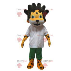 Yellow and white lion cub mascot with black hair -