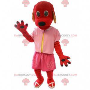 Maskotka czerwony pies ubrany na różowo