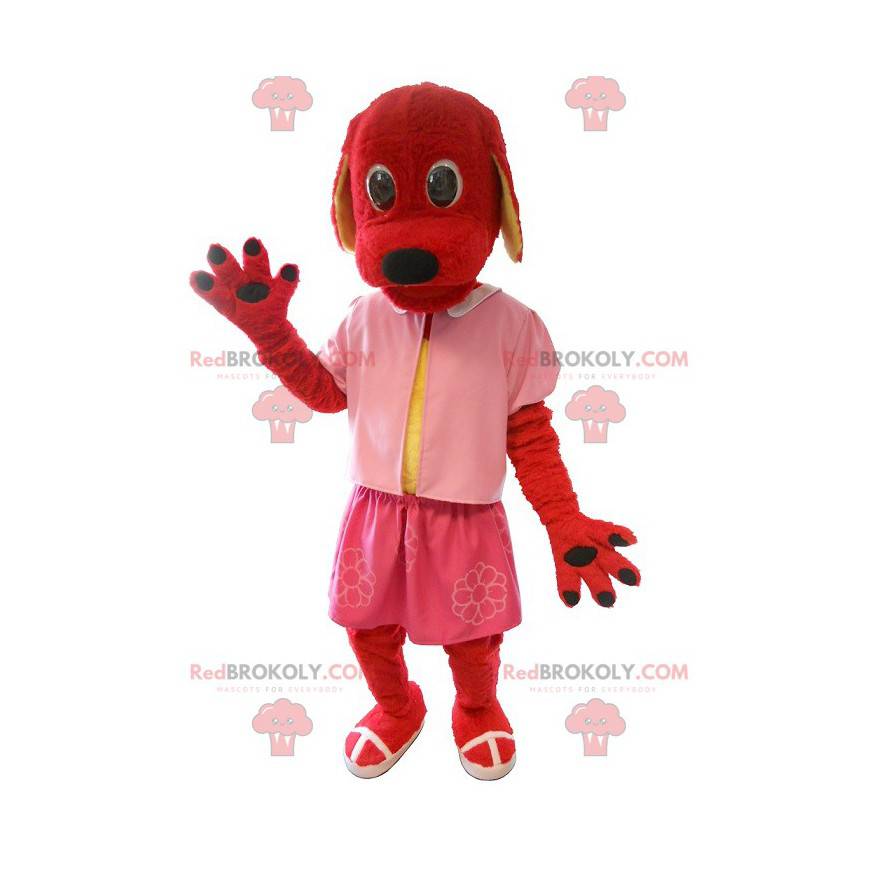 Maskot červený pes oblečený v růžové barvě - Redbrokoly.com