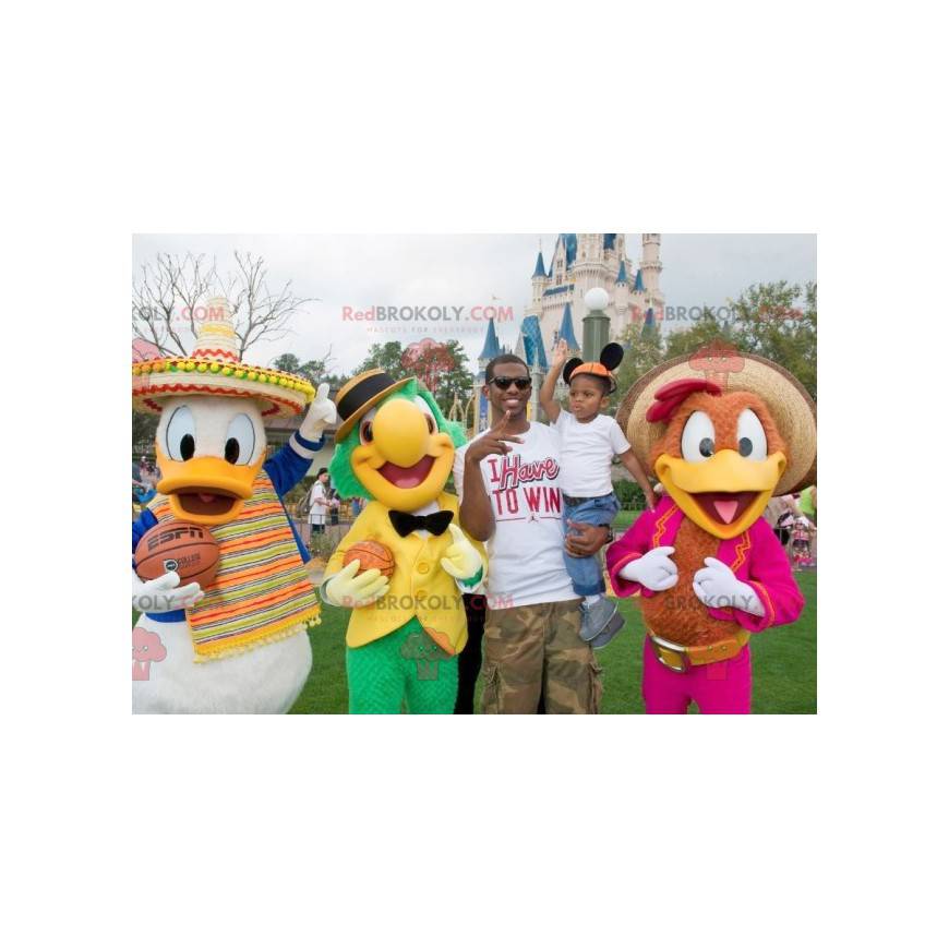 3 Disney Donald Duck mascots and 2 colorful birds -
