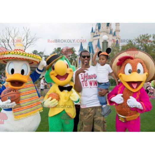 3 Disney Donald Duck mascots and 2 colorful birds -