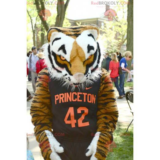 Very realistic black and white brown tiger mascot -