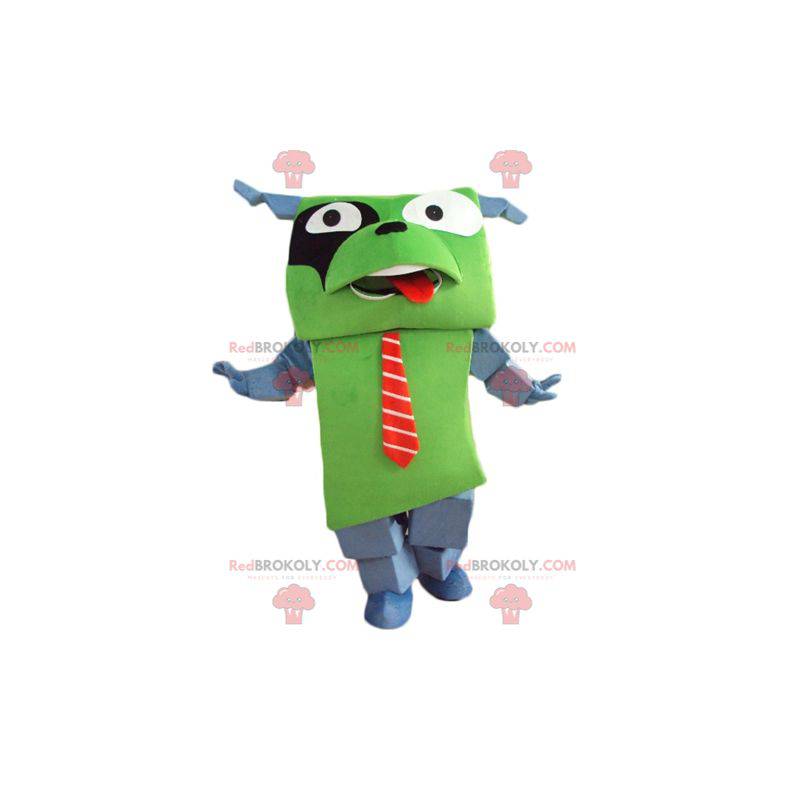 Gigante e divertente mascotte cane verde e grigio con cravatta