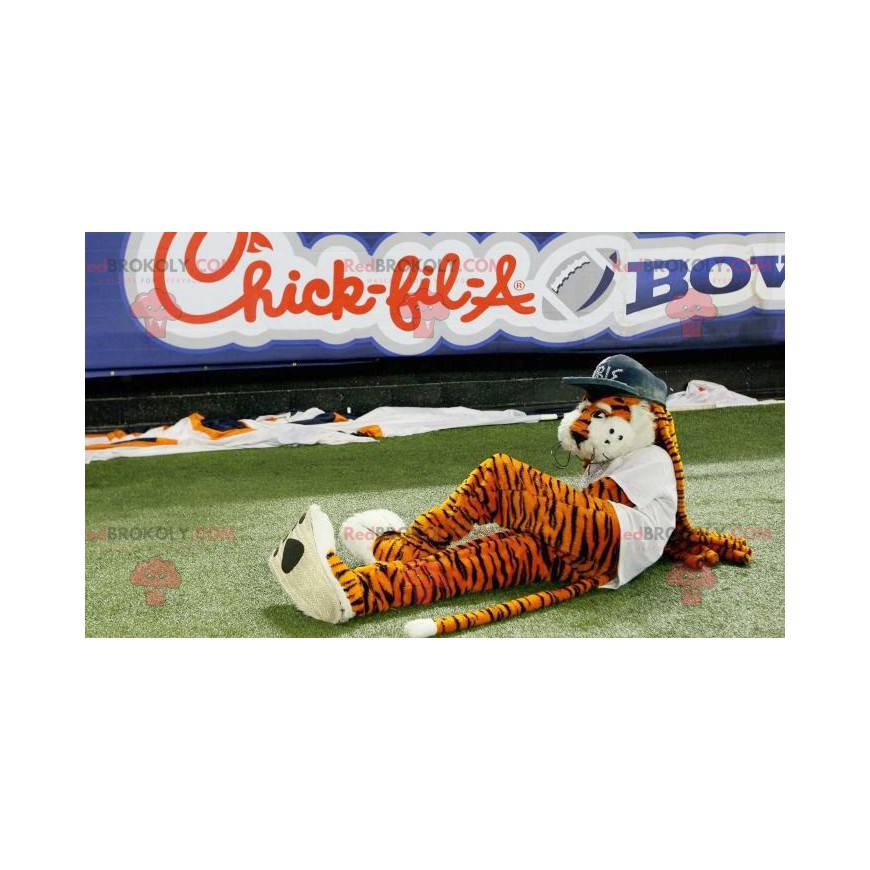 Black and white orange tiger mascot with dreadlocks -