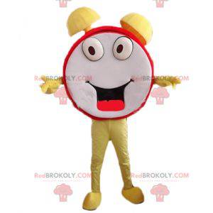 Mascot wekker rood geel en wit grappig en lachend -
