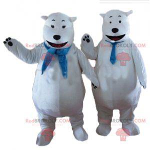 2 mascottes d'ours blancs avec une écharpe bleue -