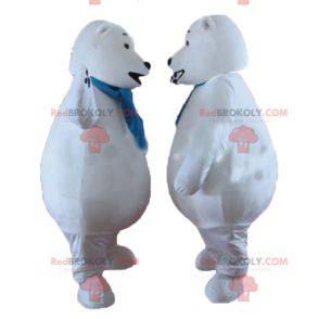 2 mascottes d'ours blancs avec une écharpe bleue -
