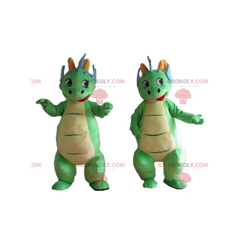 2 mascotes dinossauros verdes e azuis fofos e coloridos -