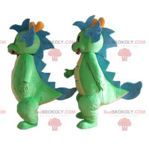 2 schattige en kleurrijke groene en blauwe dinosaurusmascottes