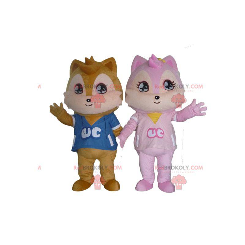 2 Eichhörnchen-Maskottchen, eines braun das andere rosa -