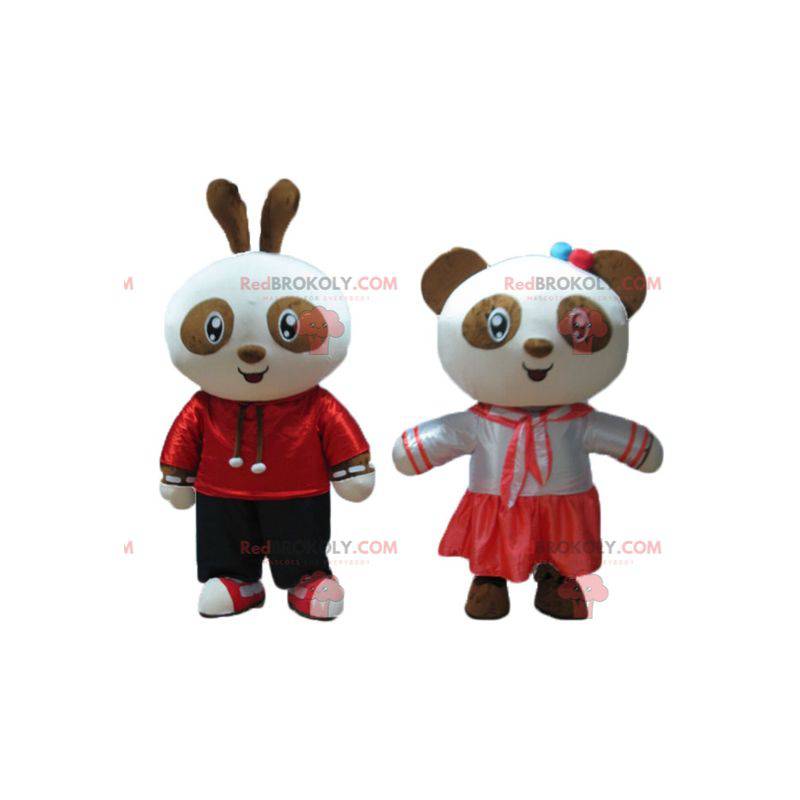 2 mascotes, um coelho e um panda marrom e branco sorridente -