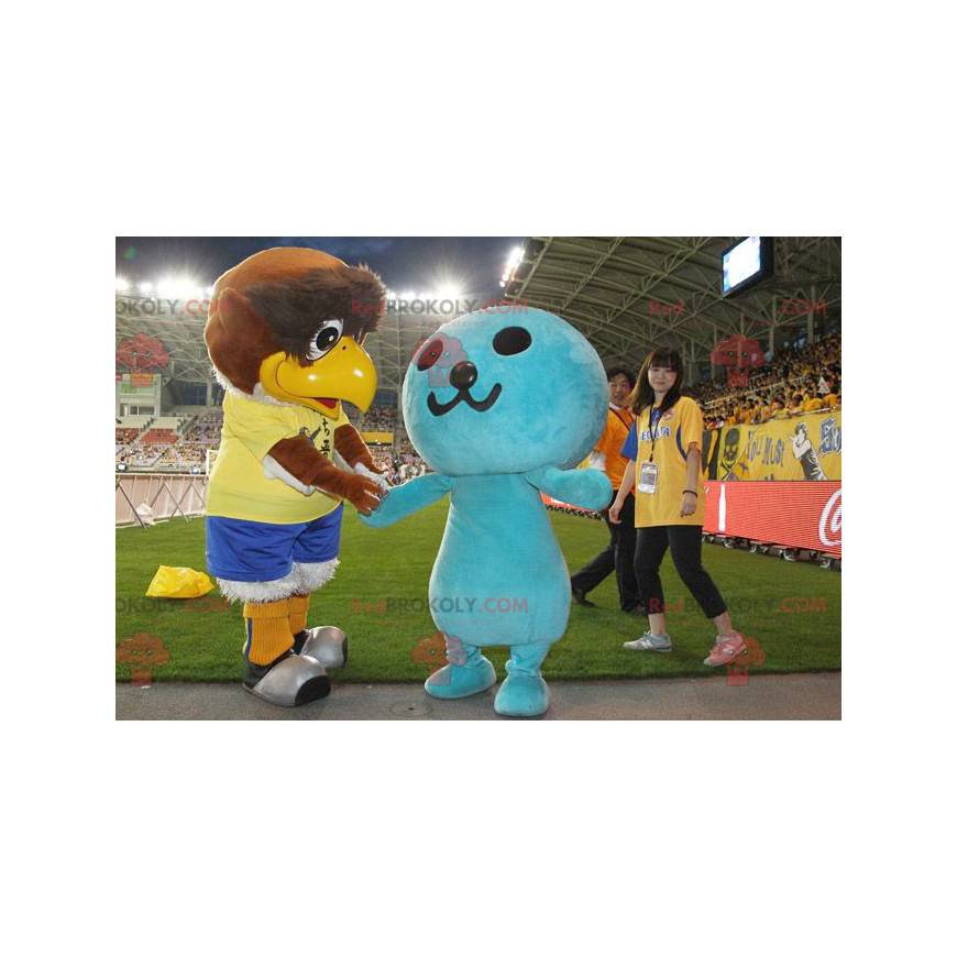 2 mascots a big brown bird and a blue man - Redbrokoly.com