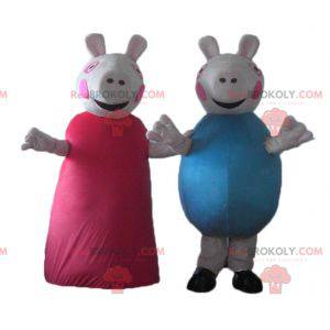 2 pig mascots one in red dress the other in blue -