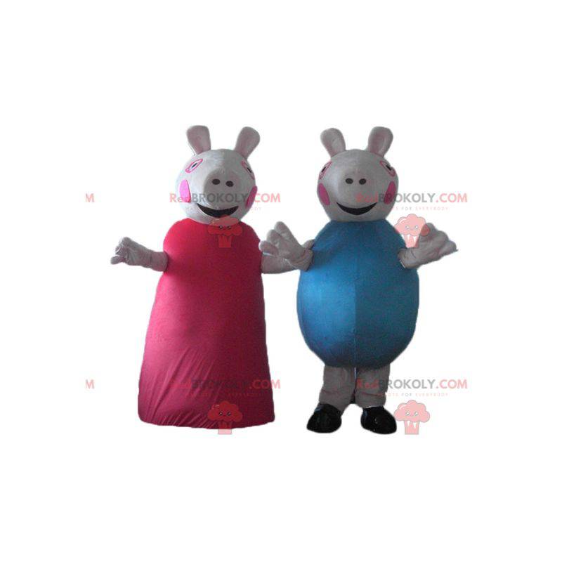 2 pig mascots one in red dress the other in blue -