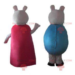 2 pig mascots one in red dress the other in blue -