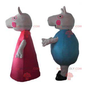 2 pig mascots one in red dress the other in blue -