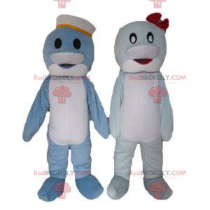 2 mascottes van blauwe en witte dolfijnen - Redbrokoly.com