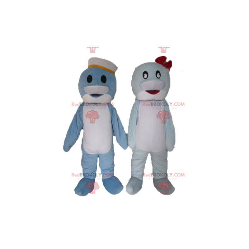 2 mascottes van blauwe en witte dolfijnen - Redbrokoly.com