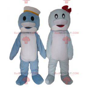 2 mascots of blue and white fish dolphins - Redbrokoly.com