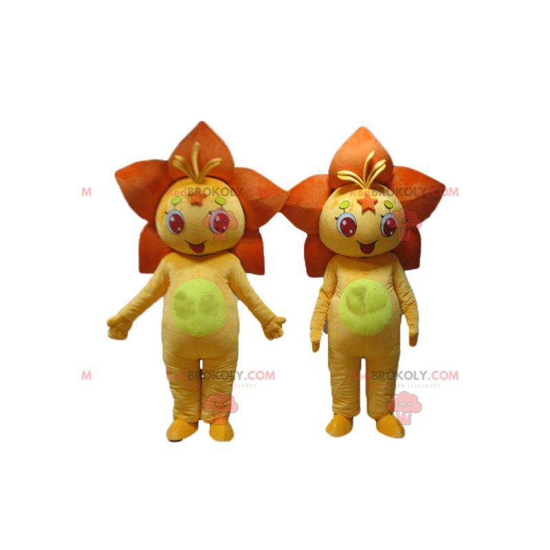 2 mascotas de flores naranjas y lirios amarillos -