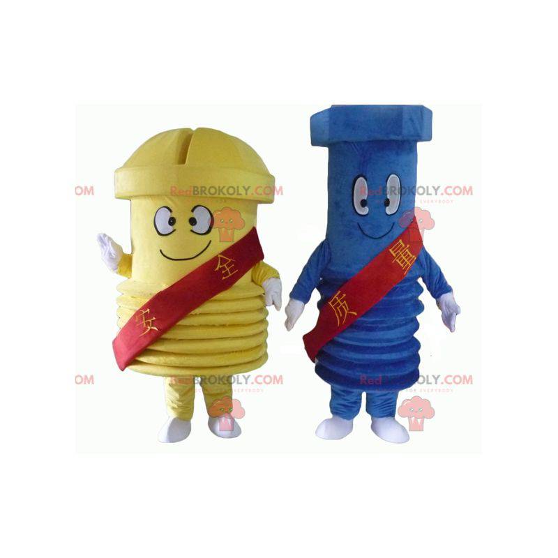 2 riesige Schraubenmaskottchen, eines blau und eines gelb -