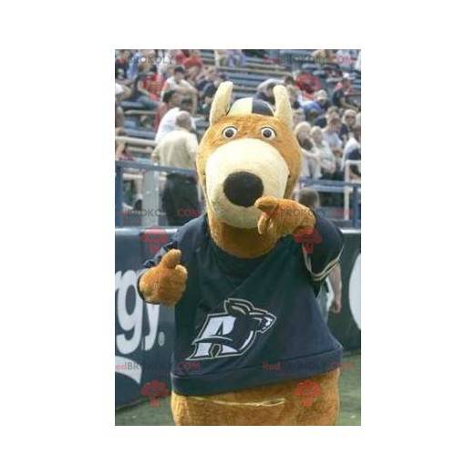 Mascote urso marrom e bege com um suéter azul - Redbrokoly.com