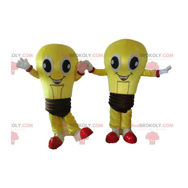 2 mascotas de bulbos amarillos y marrones muy sonrientes -