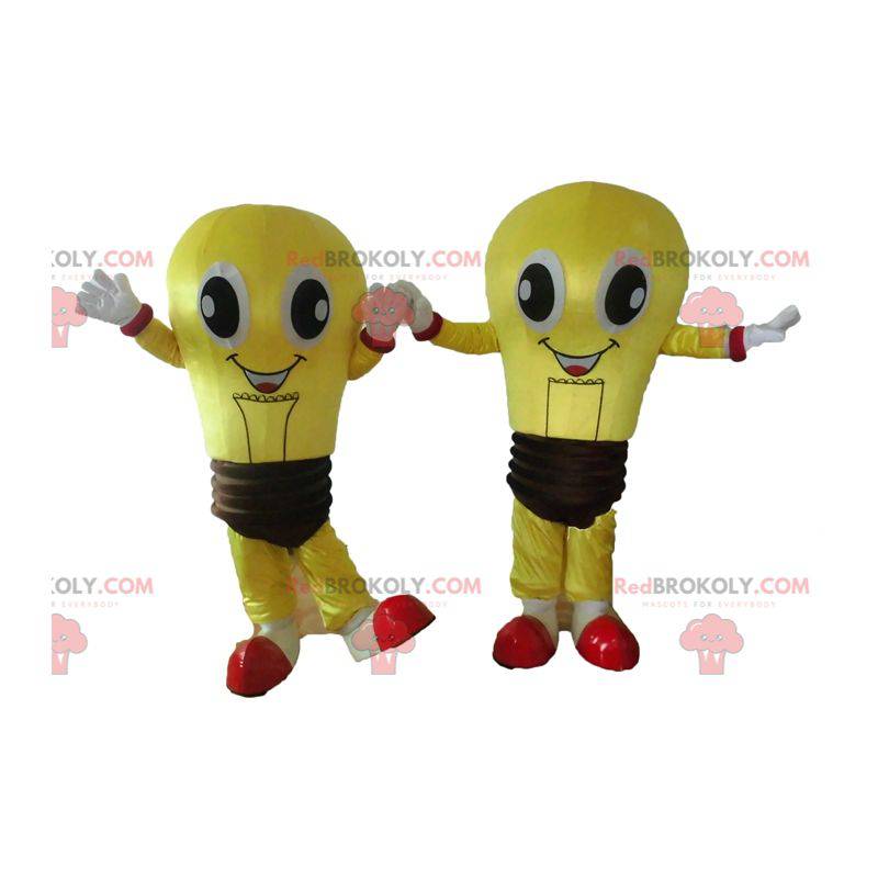 2 mascots of yellow and brown bulbs very smiling -