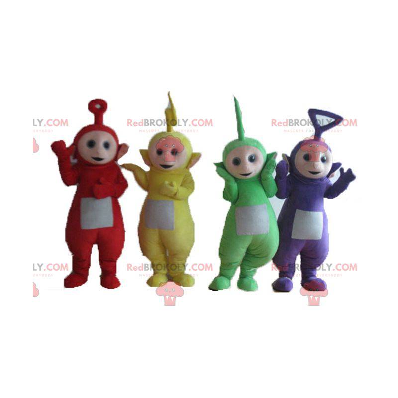 4 maskotki Teletubisie, kolorowe postacie z seriali