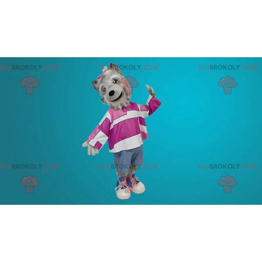 Mascotte de loup gris à poil long - Redbrokoly.com