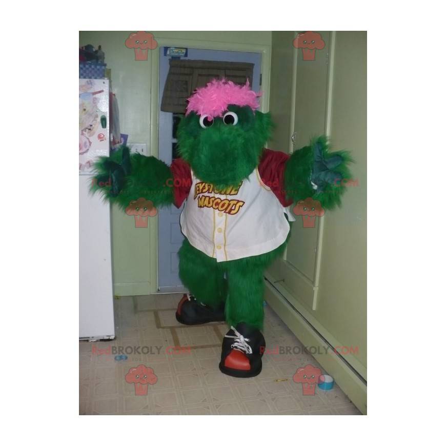 Mascote monstro verde e rosa todo crocodilo peludo -