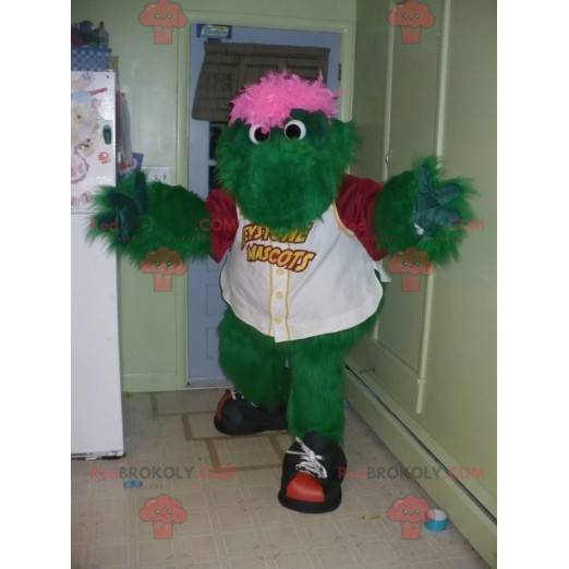 Green and pink monster mascot all hairy crocodile -