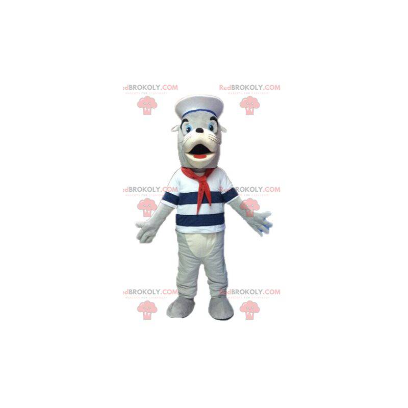 Gray and white sea lion mascot dressed as a sailor -