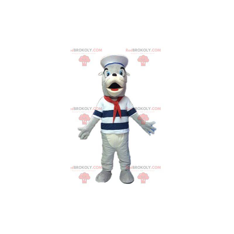 Grå och vit sjölejonmaskot klädd som en sjöman - Redbrokoly.com