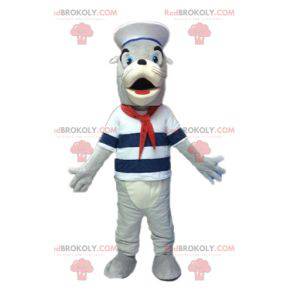 Mascota de león marino gris y blanco vestida como marinero -