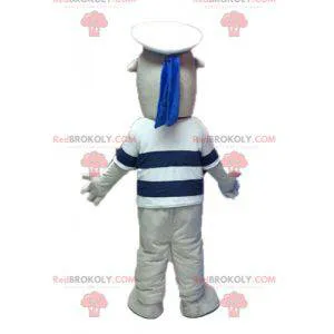 Gray and white sea lion mascot dressed as a sailor -