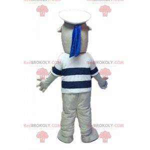 Grijze en witte zeeleeuwmascotte verkleed als zeeman -