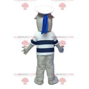 Gray and white sea lion mascot dressed as a sailor -