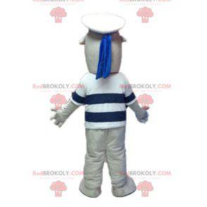 Mascote leão-marinho cinza e branco vestido de marinheiro -
