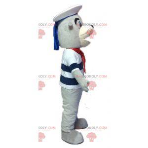 Gray and white sea lion mascot dressed as a sailor -